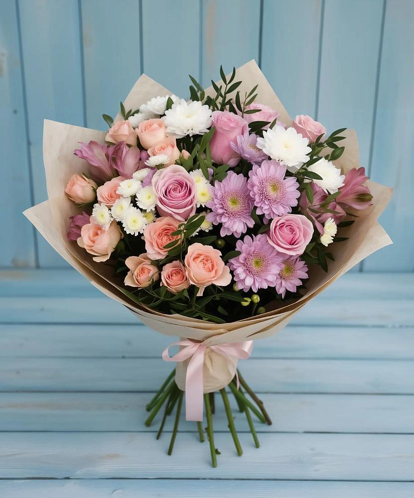 Букет цветов из: Хризантемы, Розы и Альстромерии в Атагае