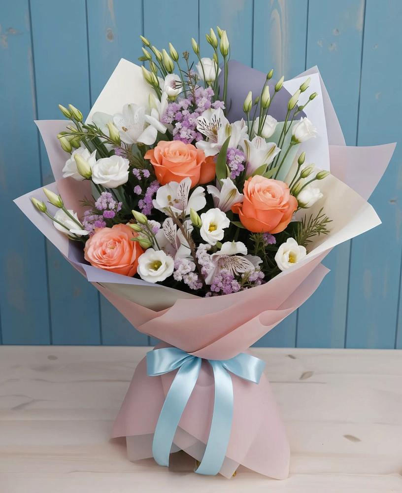 Букет цветов из: Лизиантусы, Розы, Альстромерии и Гипсофила в Атагае