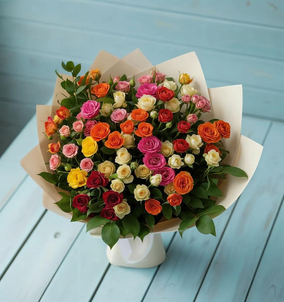 Букет Микс из разноцветных кустовых роз в Атагае