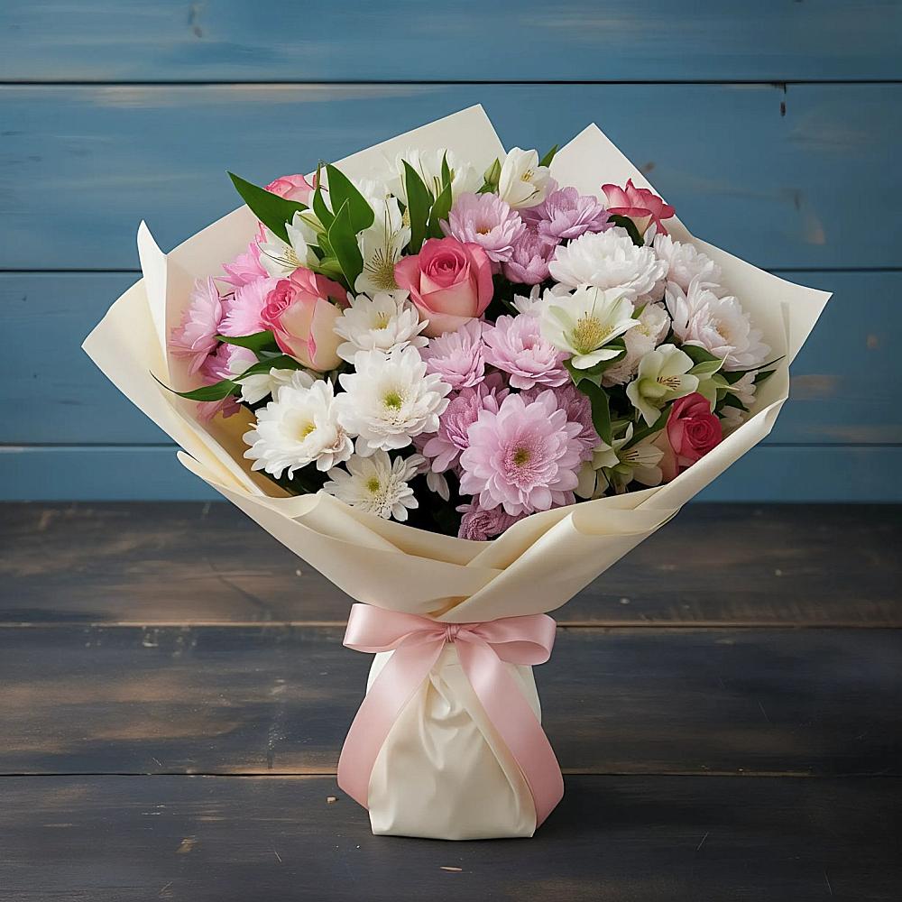 Букет цветов из: Хризантемы, Альстромерии и Розы в Атагае